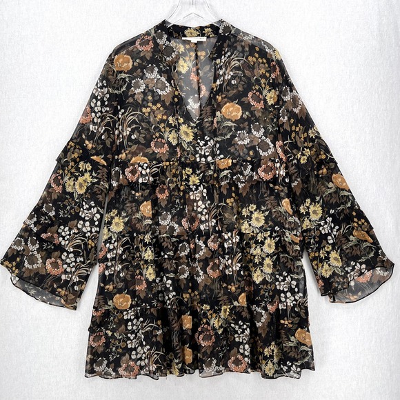ROBERT RODRIGUEZ Floral Print Tiered Ruffled Dress Womens Large Black Sheer - Picture 3 of 16